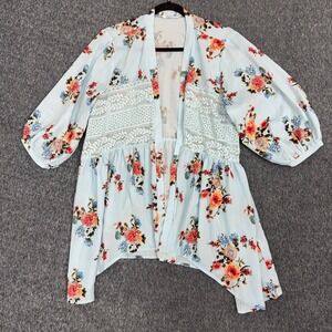 Hotouch Floral Kimono‎ Women Large Blue Crochet Lace Peplum 3/4 Sleeve Cardigan